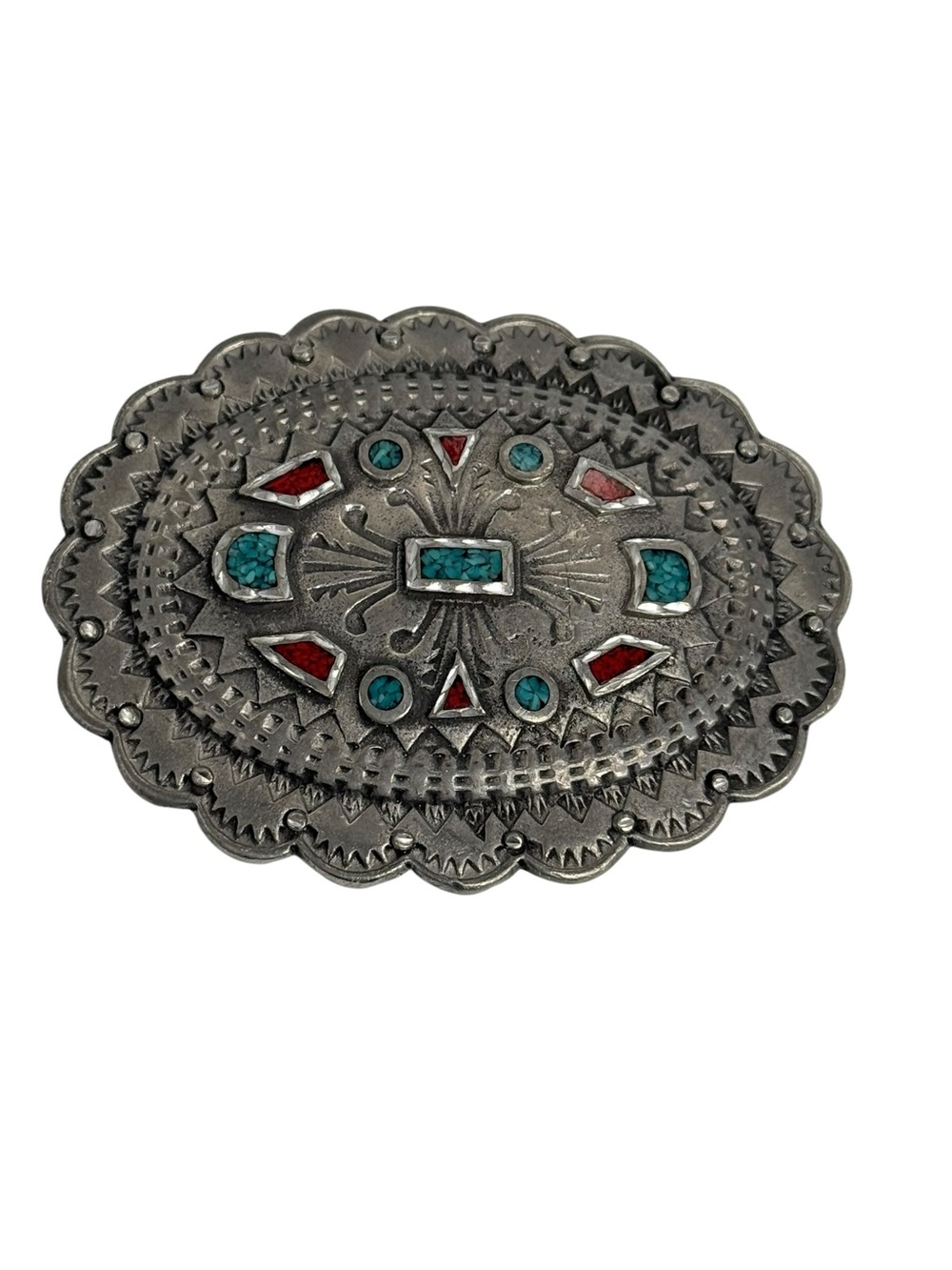 EJC-95 Pewter Coral & Turquoise Chip Inlay Southwestern USA Belt Buckle